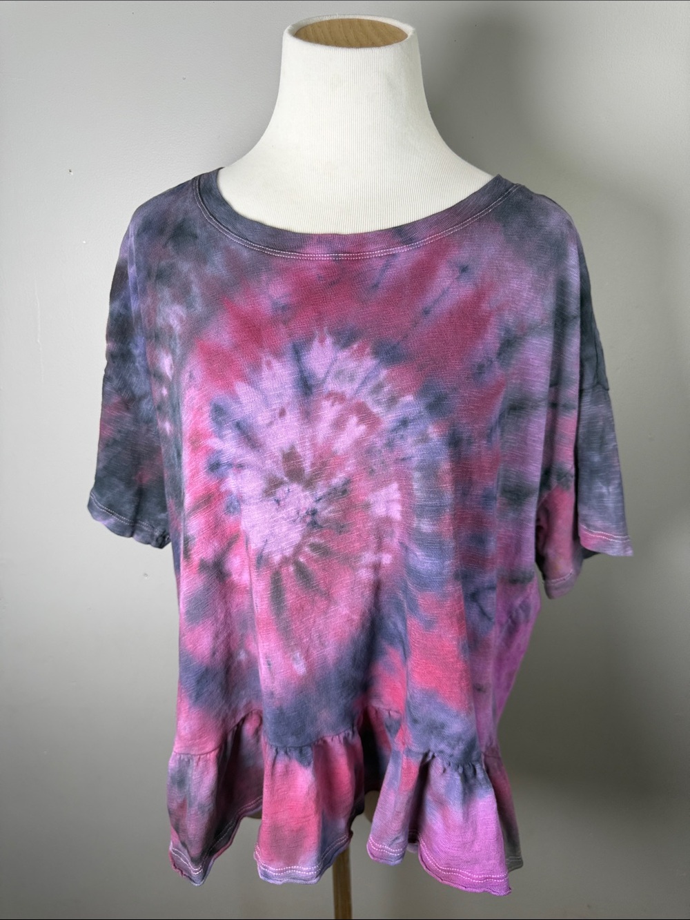 Tie-Dye Pink & Purple Peplum Short Sleeve Top
